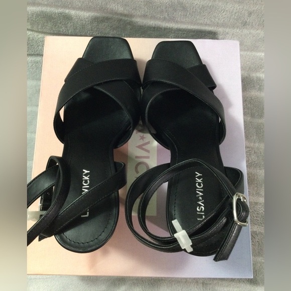 Lisa Vicky Jazz Black Leather Strappy Platform Block Heels Size 9 M - Picture 5 of 11